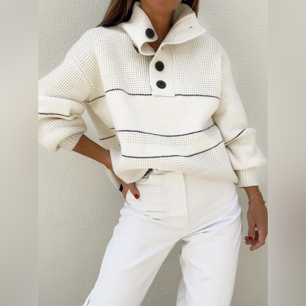 Commense Cream Button-Front Polo Sweater with Navy Trim